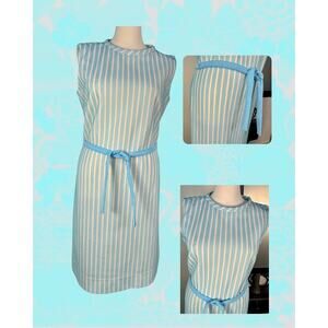 Vintage 60s Nellie Don White Aqua Mod Striped Sleeveless Sheath Dress Size 16